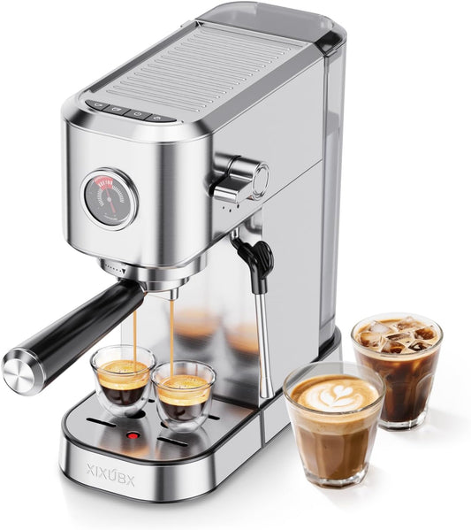 20Bar Espresso Machine, Compact Espresso Maker with Milk Frother, Stainless Steel Coffee Machine for Cappuccino&Latte, 42oz Water Tank, Visible Pressure Gauge, Home&Office, Silver