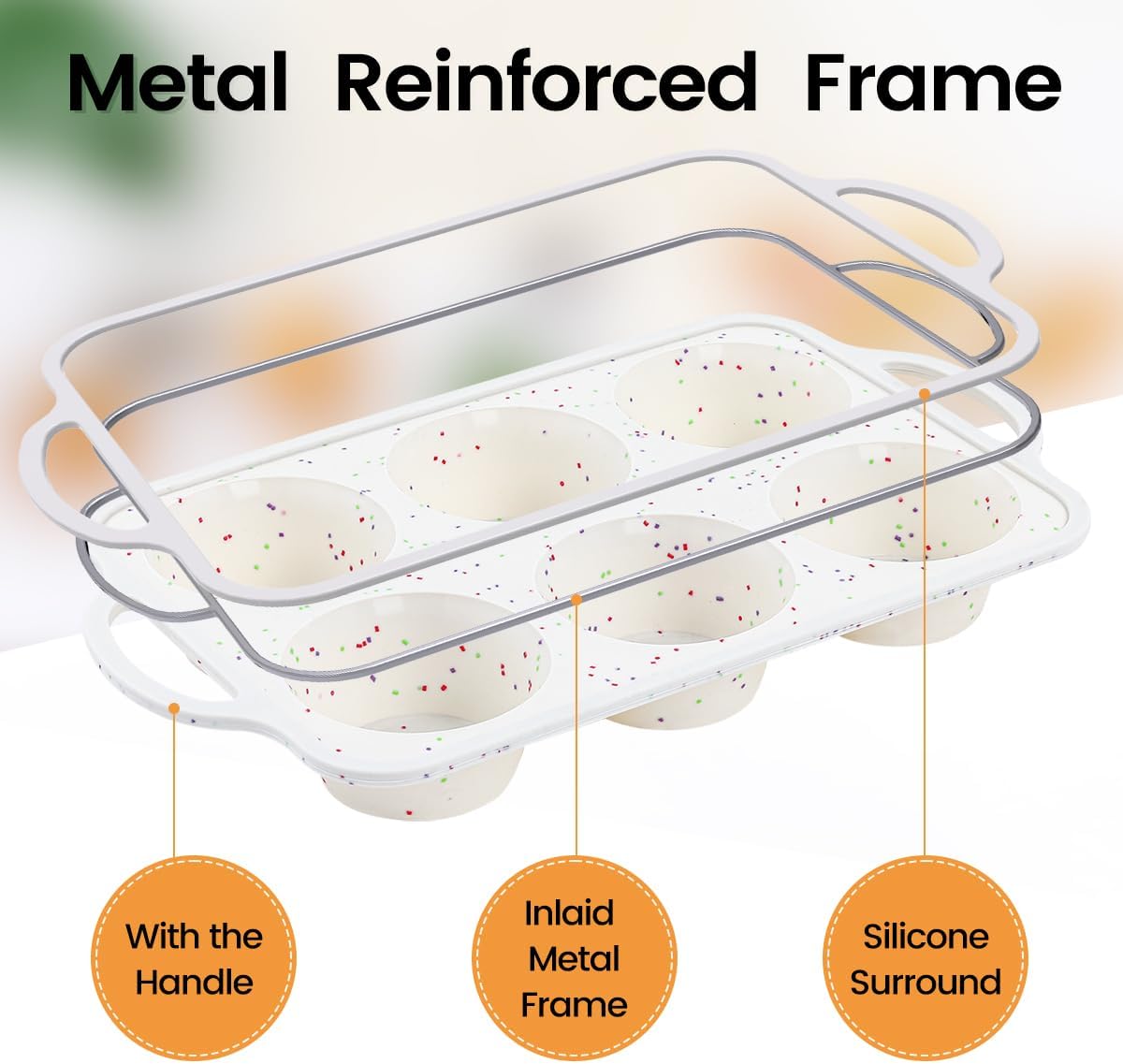 FUNBAKY Jumbo Silicone Muffin Pan with Metal Frame, 3.5 Inch Large Muffin Pans 6 Cups 2 Pack Confetti