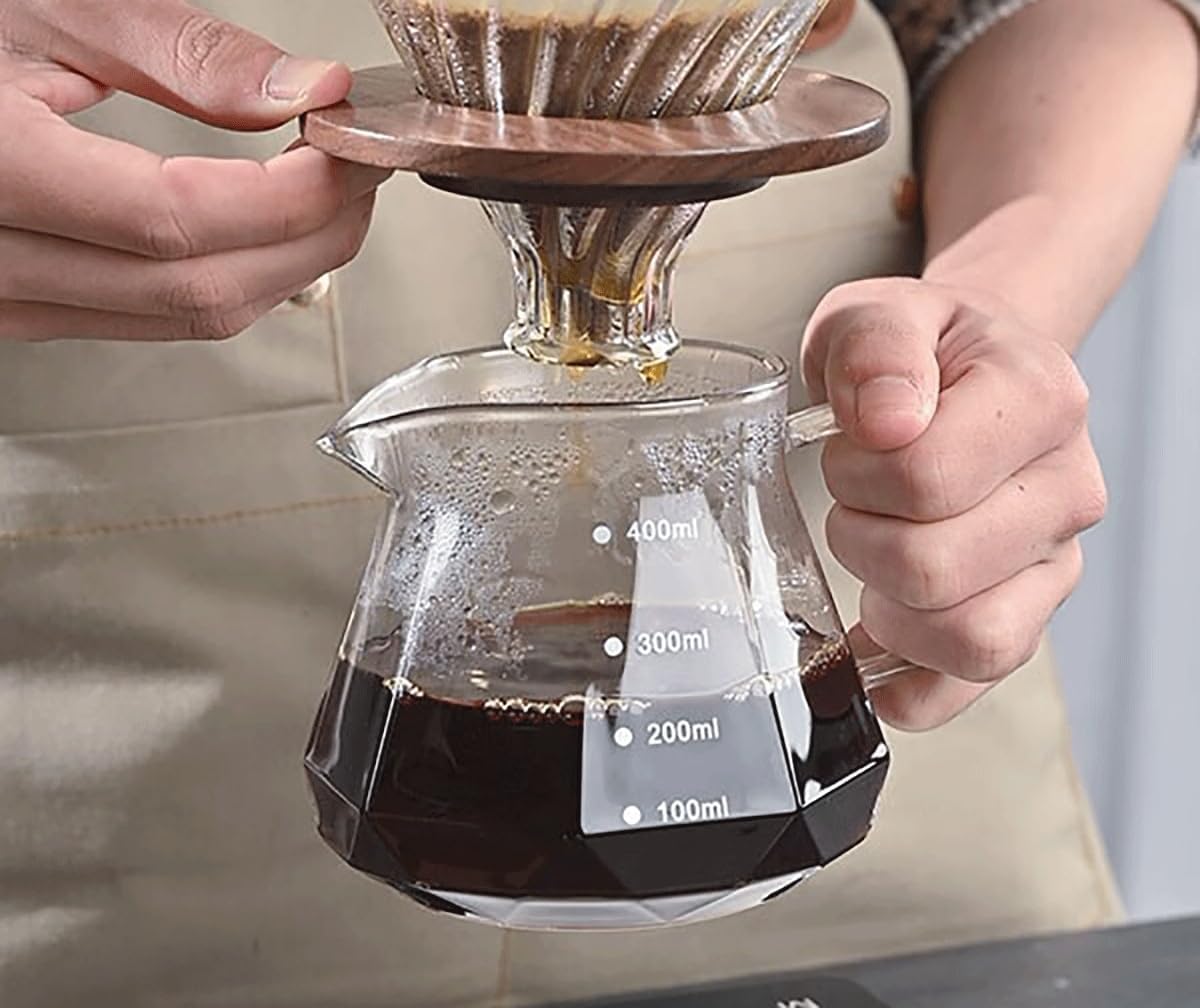 Glass Coffee Server for Drip Coffee Maker, Diamond Fashion Design Glass Coffee Carafe, Coffee Pot with Lid, Clear, 400ml(13.5oz)