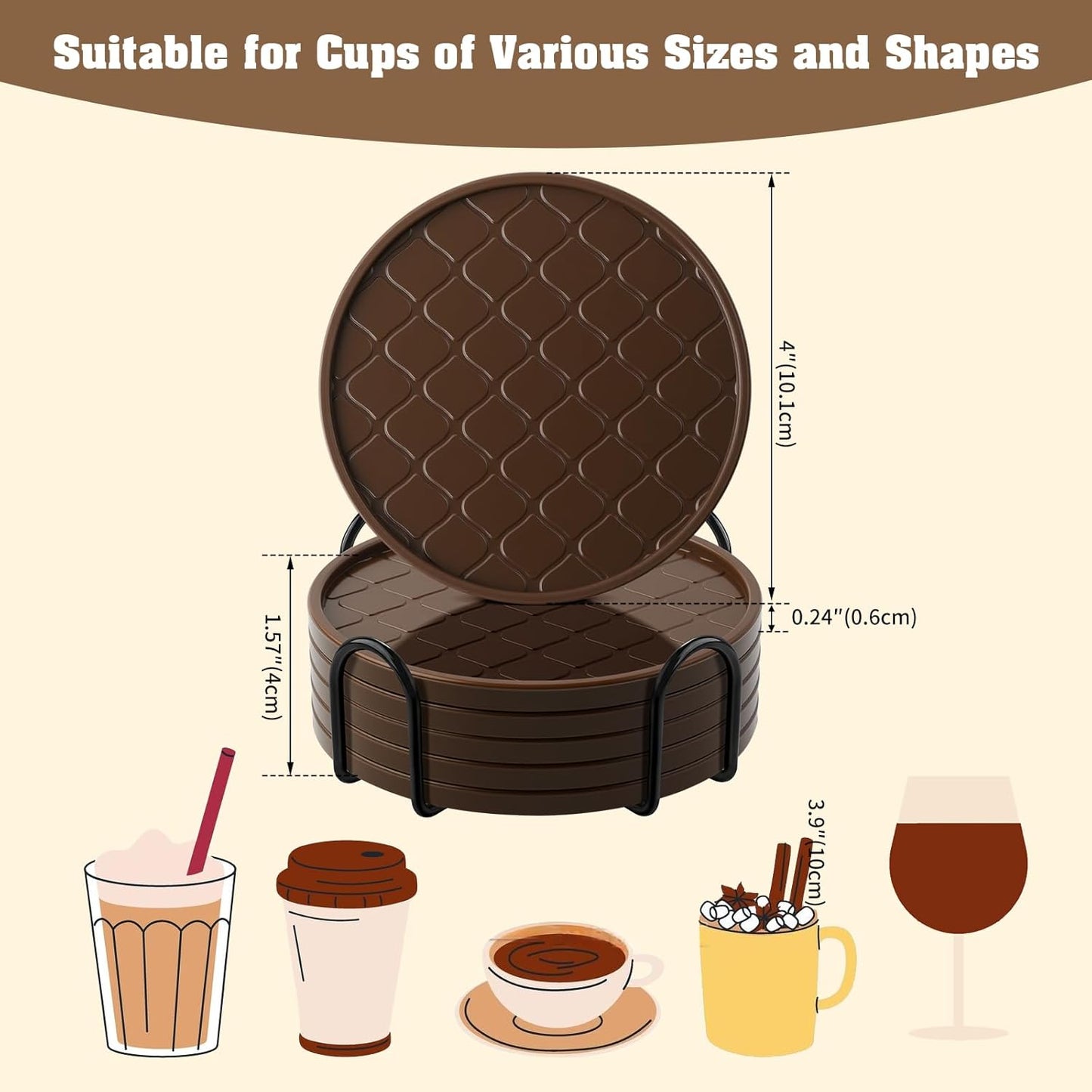 Coasters Set of 6,Hot or Cold Drink Coasters with Holder,Modern Style Coffee Table Coaster,Suitable for Kinds Cups Beer,Drink,Anti-Overflow Tabletop Protection(Coffee, 6pcs)