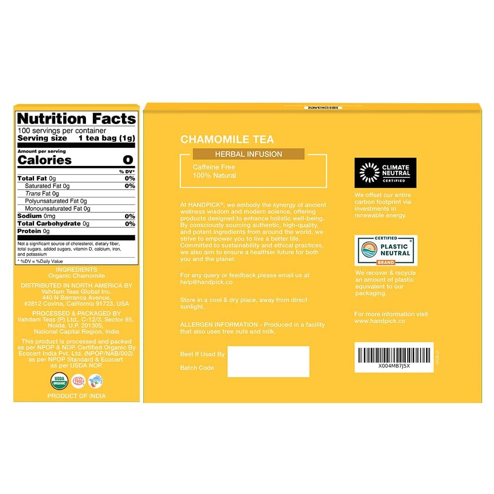 HANDPICK, Organic Chamomile Tea Bags (100 Herbal Tea Bags) Caffeine Free| Premium Floral Chamomile Herbal Tea in Eco-Conscious Teabags | Direct from Source