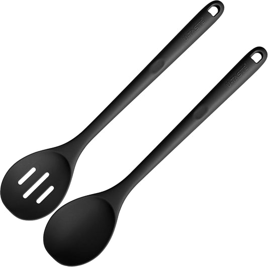 600ºF Heat Resistant Silicone Spoons: U-Taste 13.3in Solid & Slotted Kitchen Cooking Spoon, Nonstick Long Rubber Utensil, Sturdy for Mixing, Serving, Stirring, Frying, Draining (Black, 2PCS)