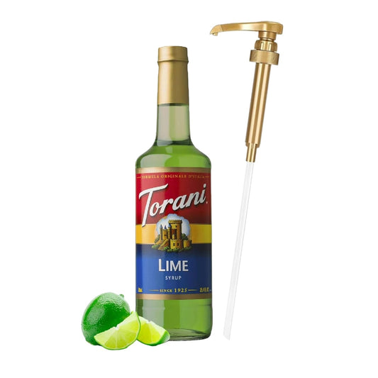 Jimoco® Syrup Pump Dispenser + Torani® Lime Syrup, 25.4 oz - Coffee Syrup Pump & Flavoring Bundle