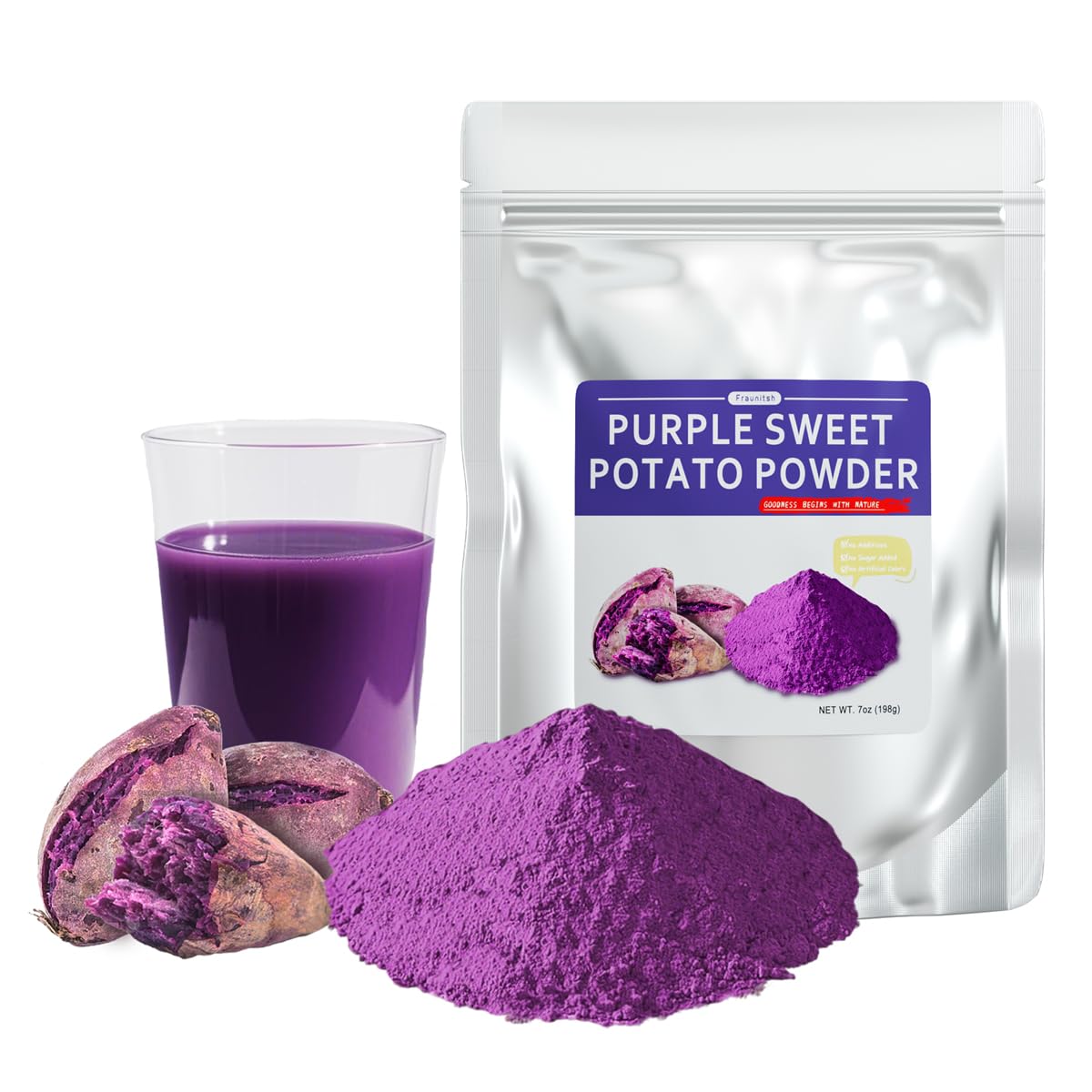 Fraunitsh Purple Sweet Potato Powder 7oz | Ube Powder | Natural Purple Yam Food Coloring for Baking Smoothies Dinks & Recipes | No Additives (7oz)