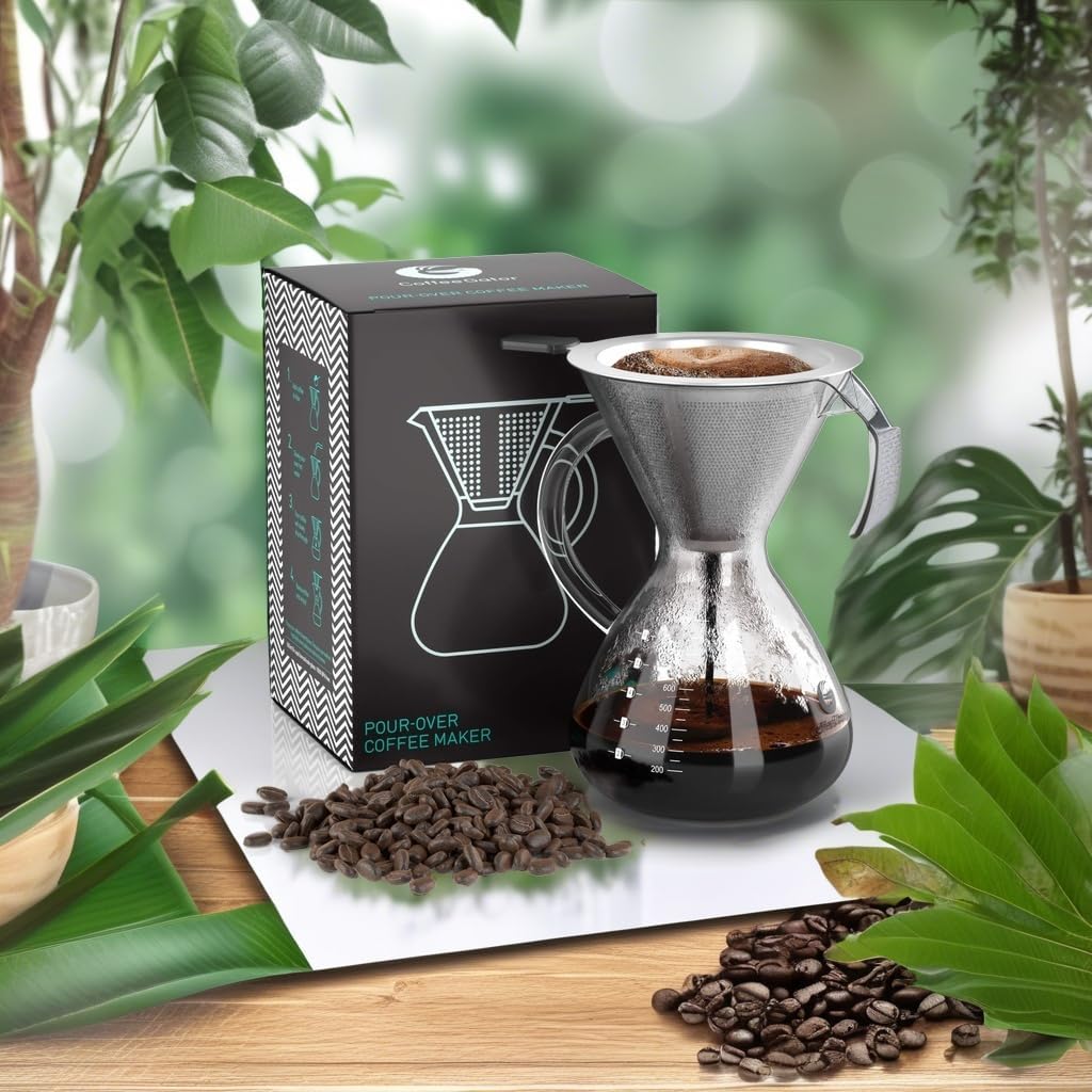 Coffee Gator Pour Over Coffee Maker - 27oz High Heat Borosilicate Glass with Reusable Stainless Steel Filter, Drip Coffee Brewer Dripper Set Carafe, 800ml Clear