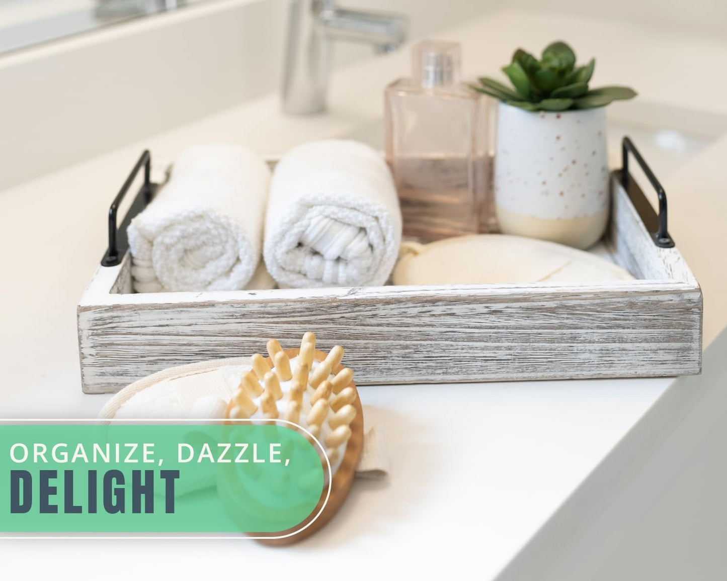 Rustic Wooden Serving Trays with Handle - Set of 2 - Large and Small Nesting Multipurpose Trays - for Breakfast, Coffee Table/Butler & More - Rustic White