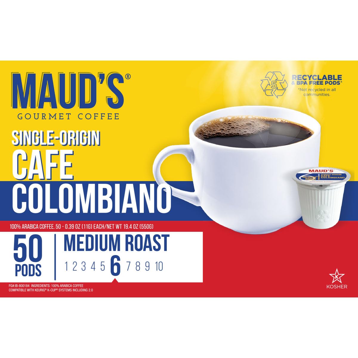 Maud's Columbian Coffee Pods, 50 ct, Single Origin, Medium Roast Coffee in Recyclable Single Serve Pods – 100% Arabica Coffee, Compatible with Keurig K Cups Maker