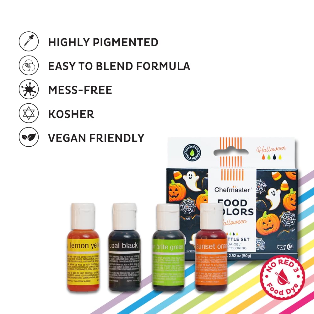 Chefmaster - Halloween Colors Liqua-Gel Food Coloring Kit - Water-Based Food Coloring Gel - 4 Pack - Highly Pigmented, Create Vividly Colored Desserts, Easy-To-Blend Formula - Made in the USA