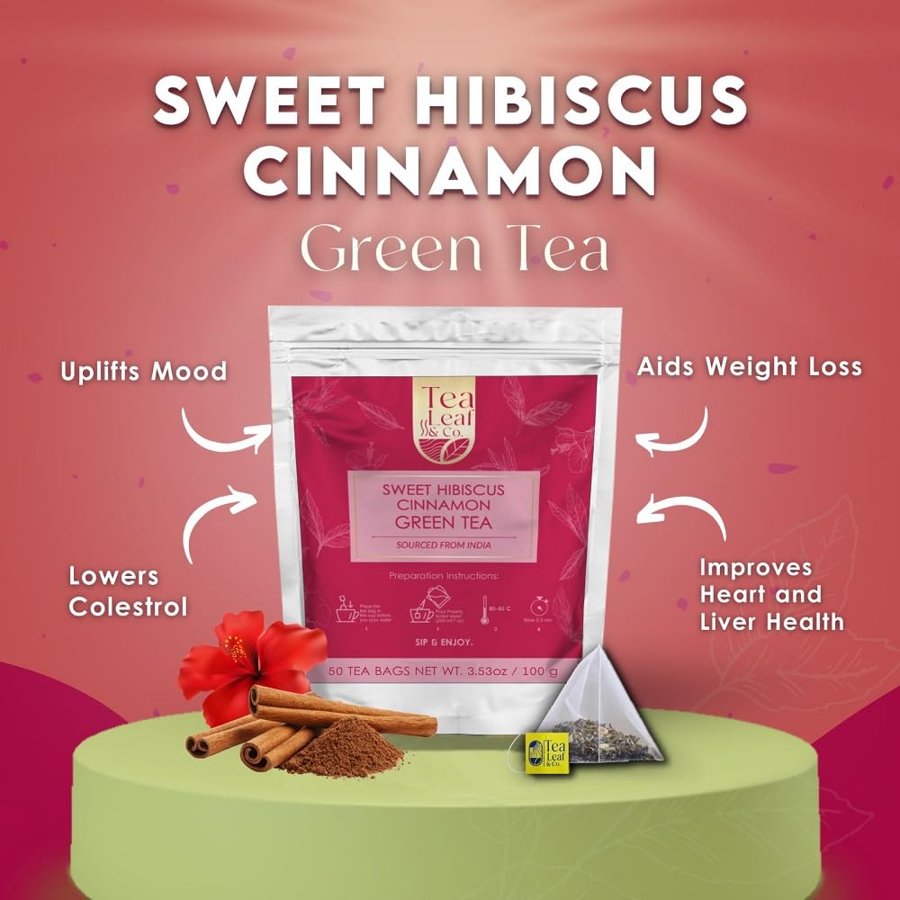 Sweet Hibiscus Cinnamon Green Tea Bags (50 Count), Caffeinated, Real and Natural, Blended with Fresh Herbs and Spices, Gluten Free