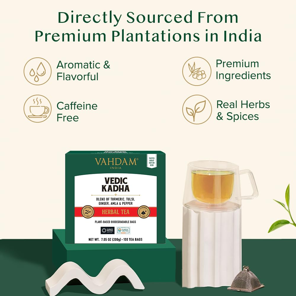VAHDAM, Vedic Kadha Herbal Tea Bags (100 Ct) Caffeine Free, 100% Real Ingredients - Turmeric, Black Pepper, Amla, Tulsi, Ginger, Cloves | Pure Herbal Tisane - Earthy, Savory | Resealable Ziplock Pouch