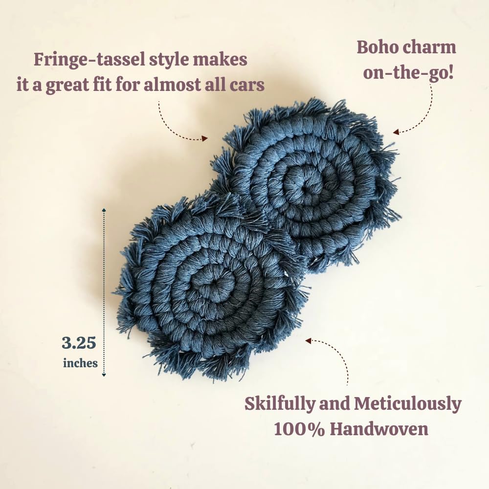 Cotton Car Coasters for Cup Holders, 2PC Car Cup Coasters, Drink Coaster Holder, Cute cupholder Coaster Accessories for Women, Macrame, Boho (Peacock Blue)