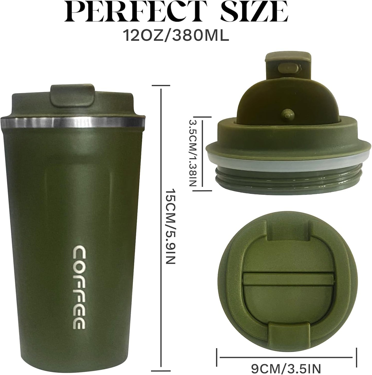 YINBAOGE Insulated Travel Coffee Mug Spill Proof Leak Proof Pobtable To Go Camping Stainless Steel Coffee Tumbler Reusable Coffee Cups with Lids Thermos for Hot and Cold Drink (2nd-Green, 12 OZ)