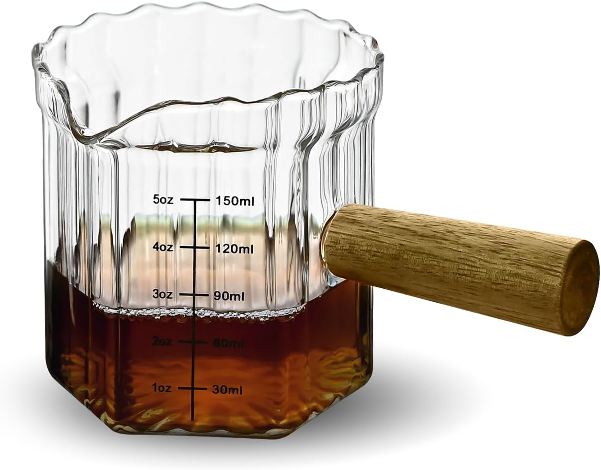 Glass Measuring Cup, 5oz Espresso Shot Glass with Wood Handle, Single Spout Measuring Triple Pitcher Milk Cup for Coffee Tea (Transparent Ribbed)