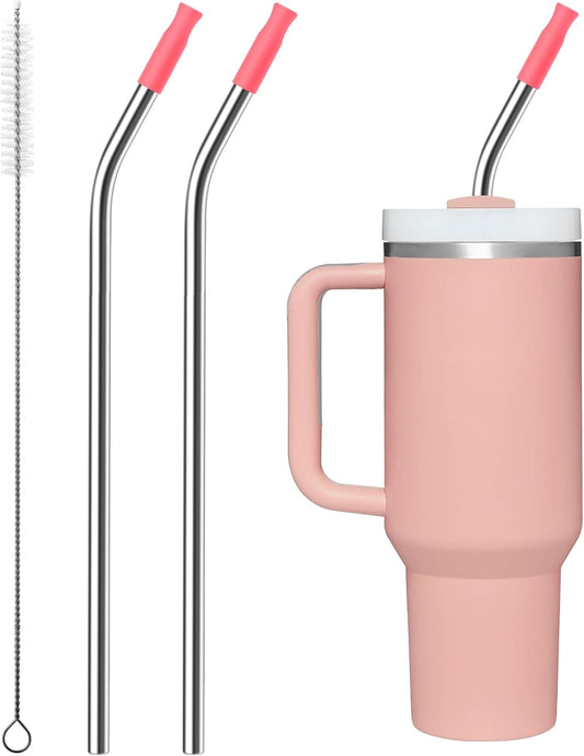 2 Pcs Stainless Steel Straw with Silicone Tips for 40 oz Stanley Tumbler, Repeatable 40 oz Metal Straws for Stanley Adventure Quencher Travel Tumbler Cup, BPA Free（Pink Dusk）