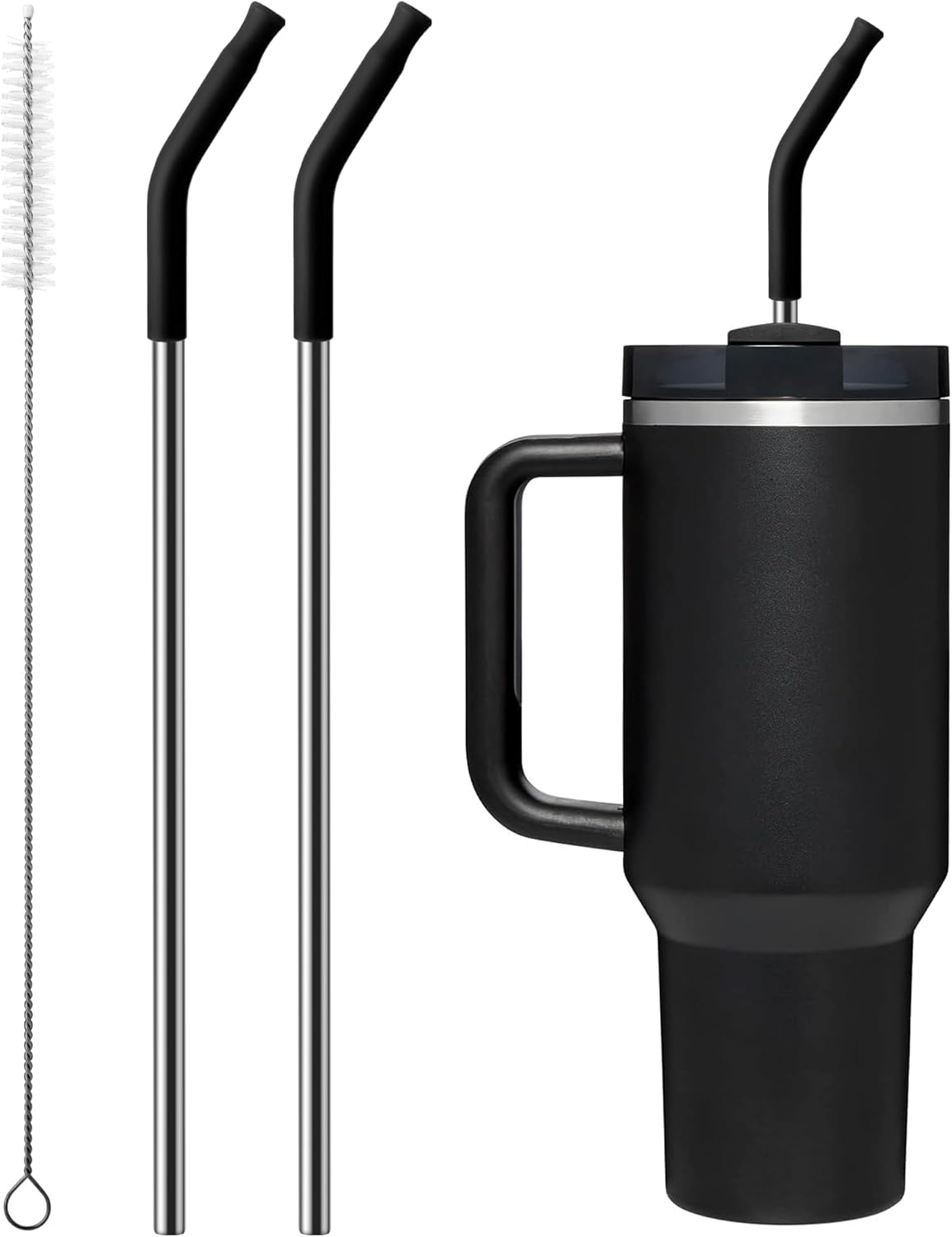 Repeatable Metal Straw with Silicone Tips for 30 oz Stanley Tumbler, 2 Pcs 30 oz Stainless Steel Straws Replacement for Stanley Tumbler, 1 Straw Brush, BPA Free（Black）