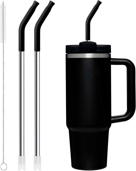Snowfall Metal Replacement Straw with Silicone Tip for Stanley 30 OZ, 2 Pcs Reusable Long Stainless Steel Drinking Straws, 1 Straw Brush, BPA Free (Black)