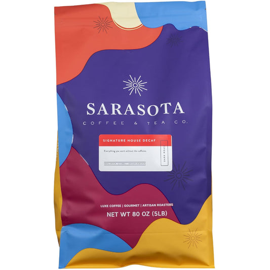 Sarasota Coffee Ground Decaf | Dark Roast Gourmet Decaffeinated Coffee Grounds | Low Acid, Mold Free, Specialty Grade Bulk Ground Decaf | 5lb (80 oz)