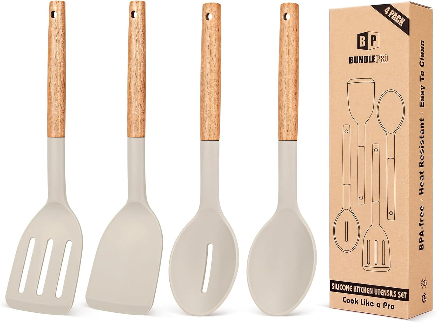 Pack of 4 Silicone Cooking Utensils Set, Non Stick Solid Spatulas and Heat Resistant Slotted Spoons with Wooden Handle, Ideal Wood Kitchen Utensils Set for Frying,Serving,Turning,Stirring (KHAKI)