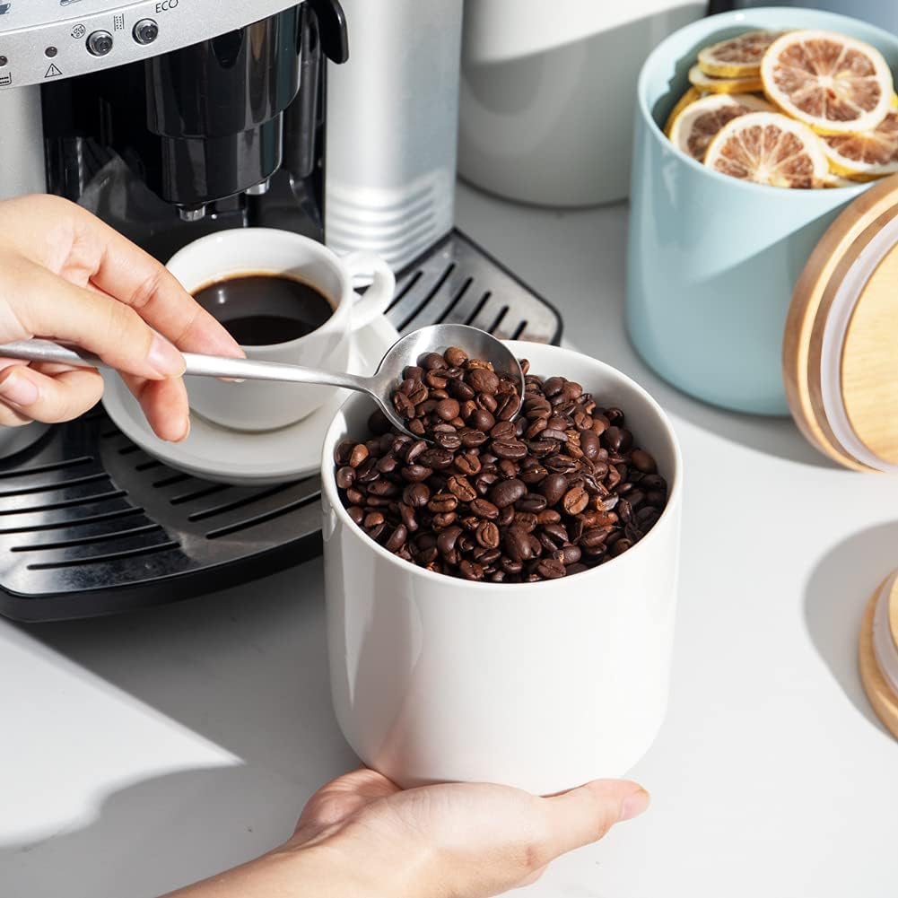 Sweejar Kitchen Canisters Ceramic Food Storage Jar, Stackable Containers with Airtight Seal Wooden Lid for Serving Coffee Bean, Flour, Tea, Spice and More - 39 Fl Oz (White)