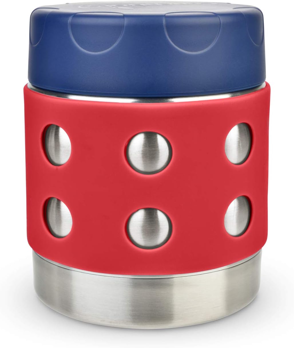 LunchBots Thermal 8 oz Triple Insulated Thermos - Hot 6 Hours or Cold 12 Hours - Leak Proof Thermos Soup Jar - All Stainless Interior - Navy Lid - Red Dots