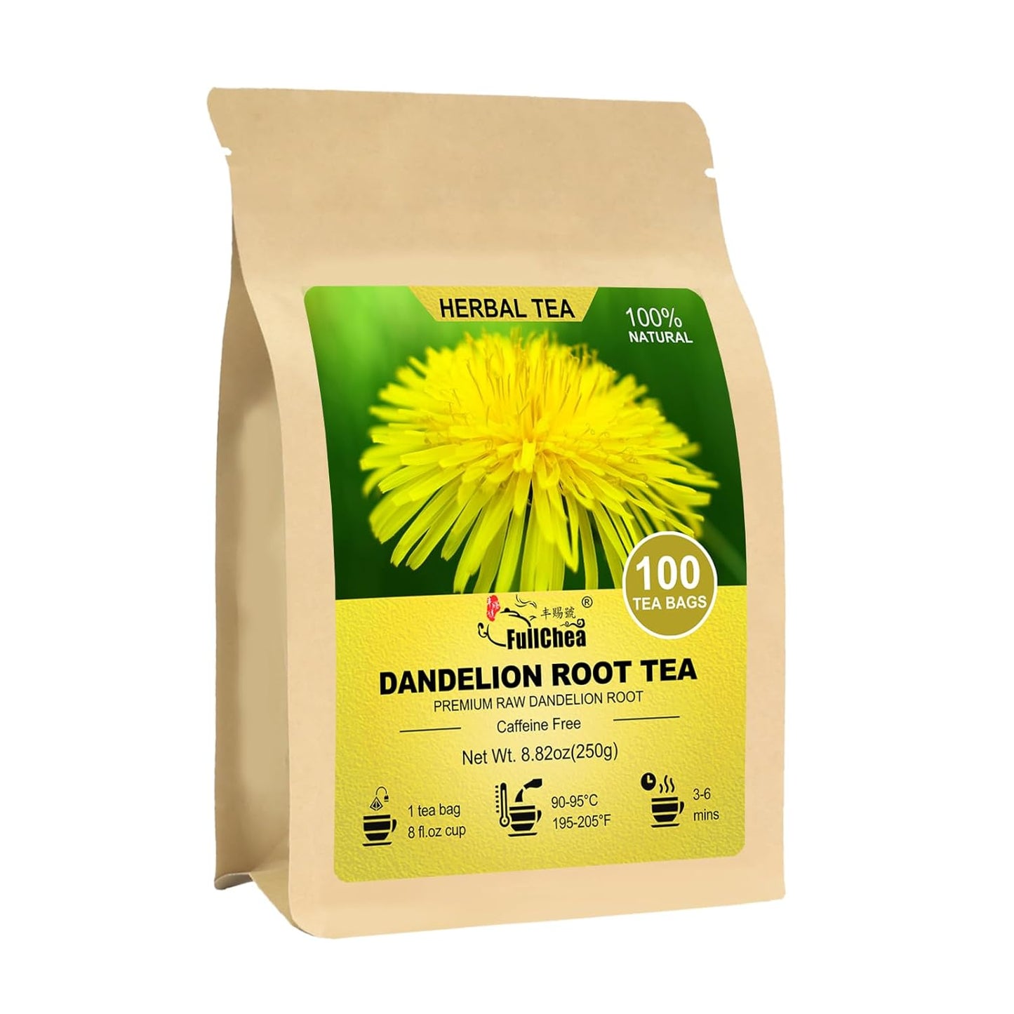 FullChea - Dandelion Root Tea Bags, 100 Teabags, 2.5g/bag - Premium Raw Dandelion Root Tea Detox - Non-GMO - Caffeine-free - Rich in Vitamins & Support Immune System