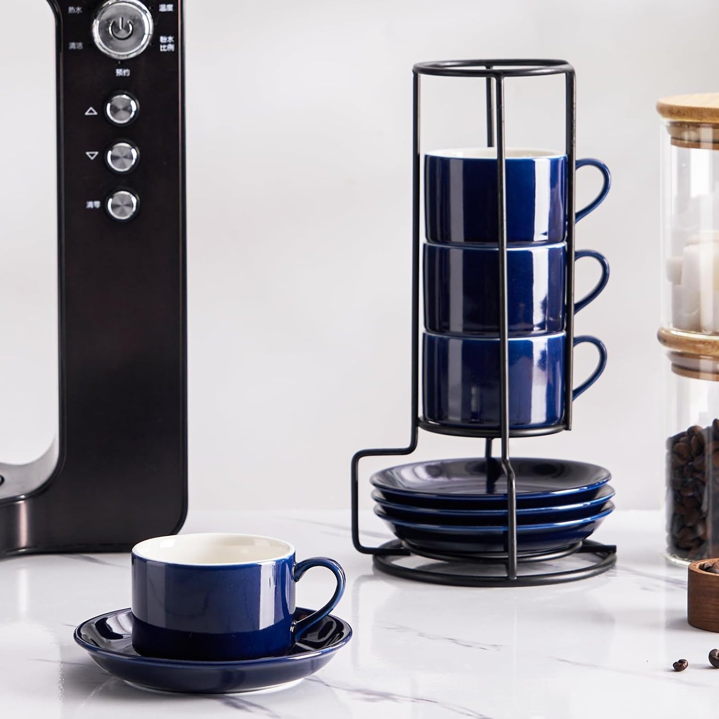 4oz Porcelain Stackable Espresso Cups with Saucers and Metal Stand Set of 4, Stackable Cappuccino Cups, Blue Expresso Shots Cup Set for Coffee Drinks, Latte, Americano, Tea