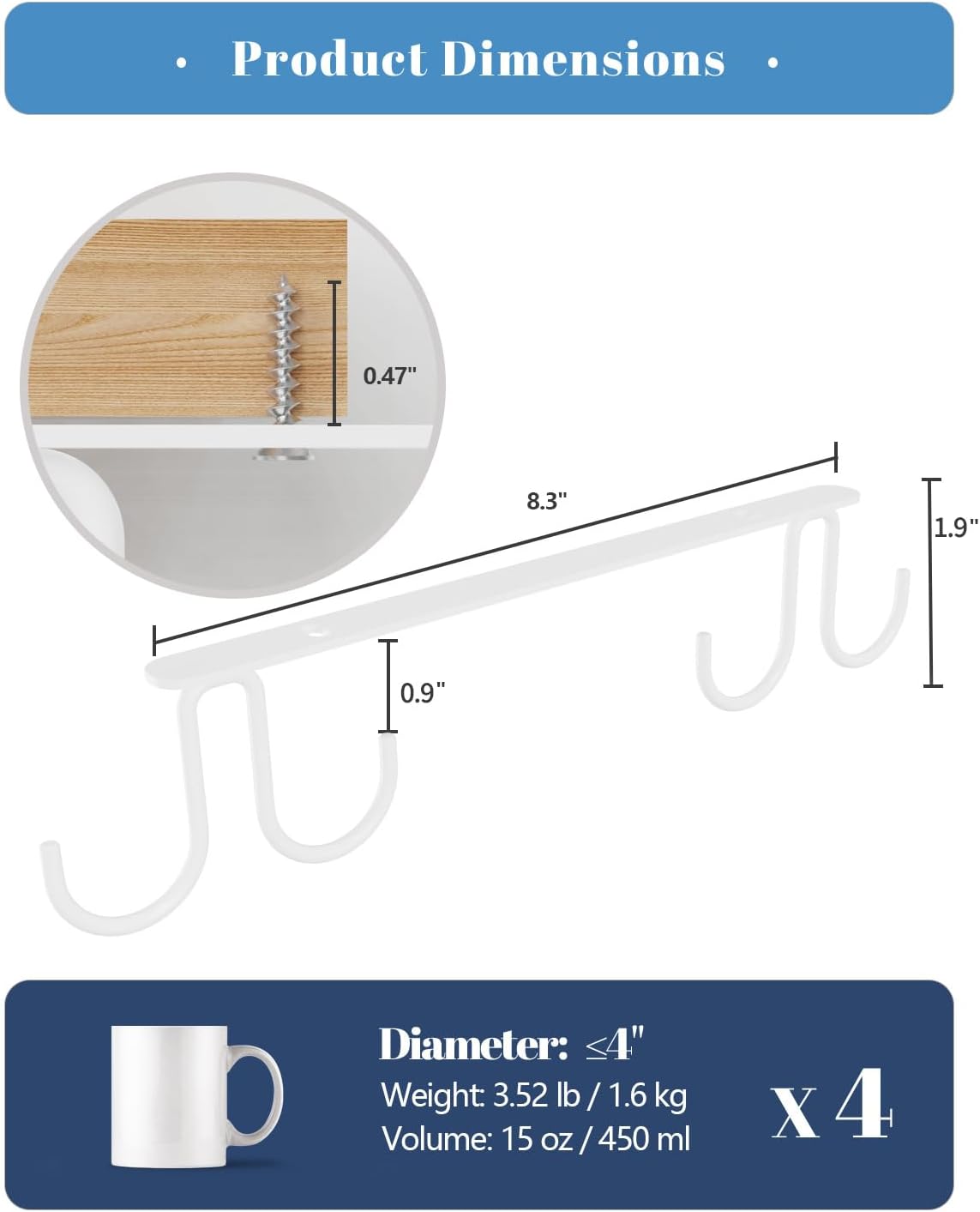Mug Hooks Under Cabinet 3 Pack, Coffee Cup Hooks for Hanging Under Shelf, Mug Organizer Rack with 12 Hooks for Displaying Mugs, Coffee Cups and Kitchen Utensils, White