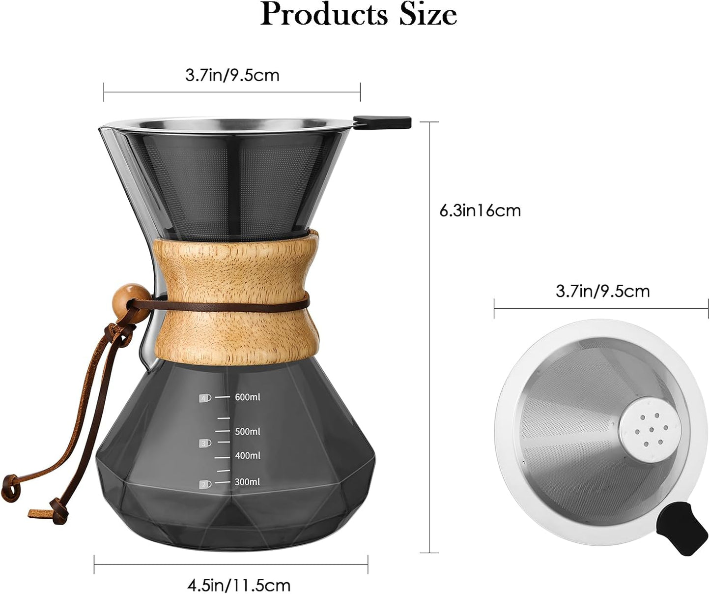 Pour Over Coffee Maker with Stainless Steel Filter, 20 oz Borosilicate Glass Coffee Carafe, Wooden Collar, Coffee Maker Carafe, Hold 3-4 Cups, 600 ml, Gray