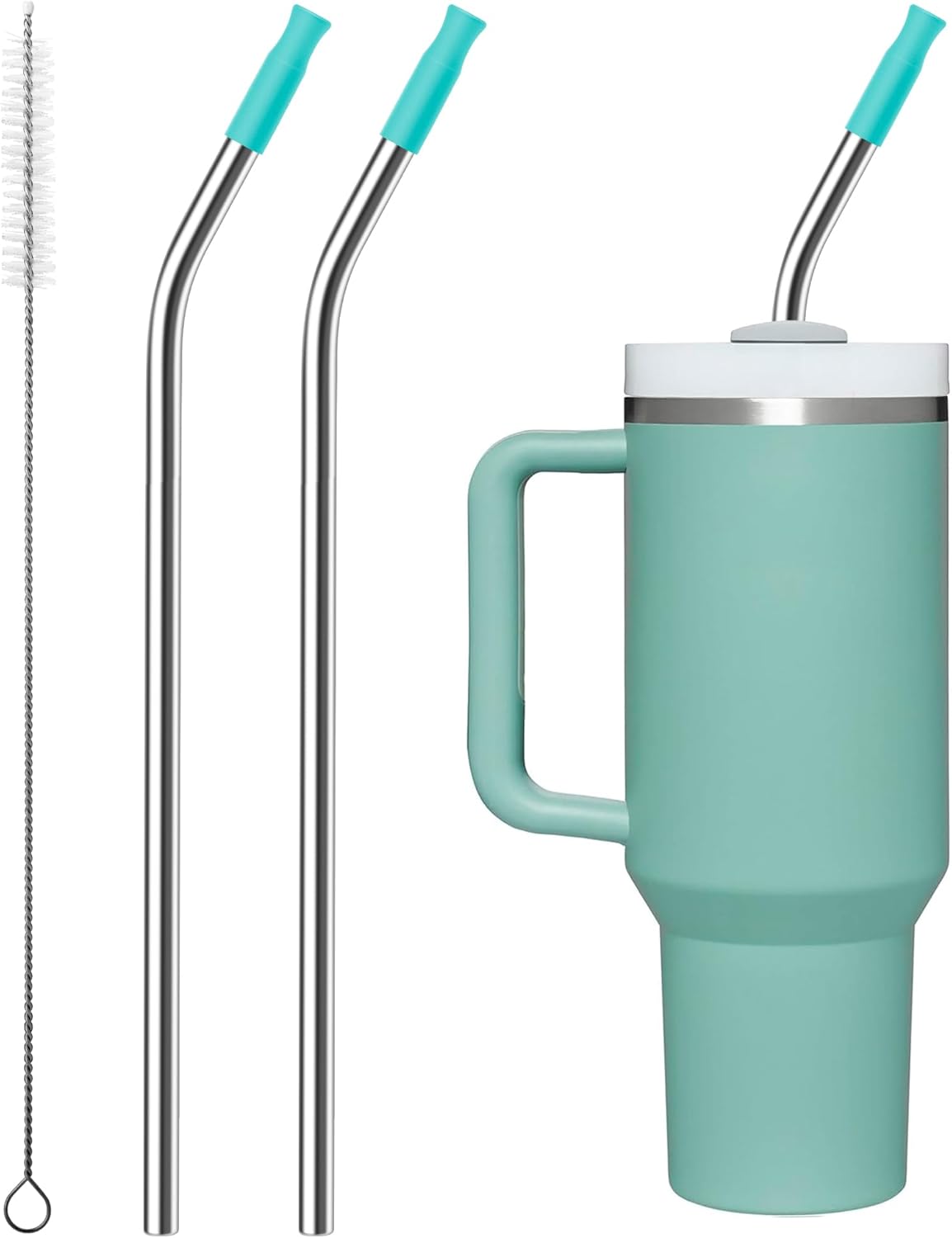 2 Pcs Stainless Steel Straw with Silicone Tips for 40 oz Stanley Tumbler, Repeatable 40 oz Metal Straws for Stanley Adventure Quencher Travel Tumbler Cup, BPA Free（Light Green）