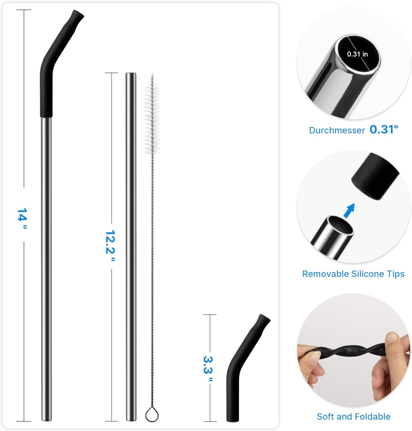 Metal Straw with Silicone Tip for 40oz Stanley Cup, 2 Pcs Stainless Steel Straws Replacement for Stanley 40 oz Adventure Quencher Travel Tumbler Cup, 1 Straw Brush (Black)