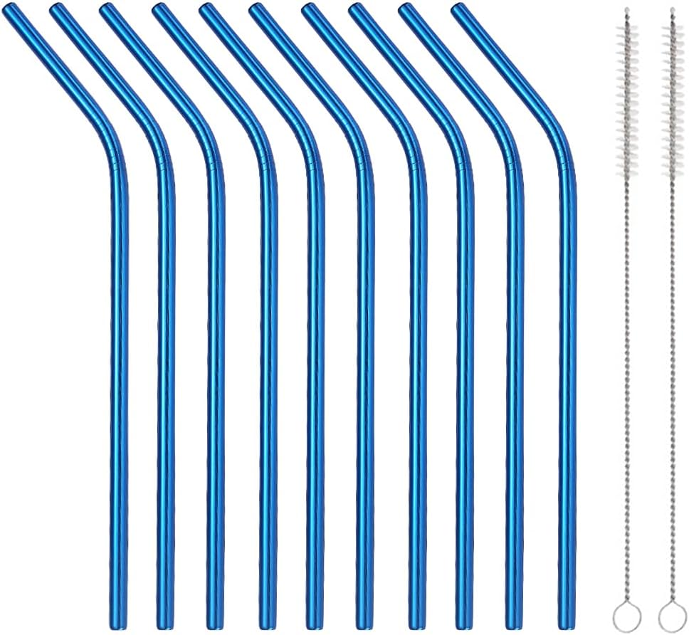 10 Pcs Stainless Steel Straws, Reusable Drinking Straws, Bent Metal Straw Sets with 2 Pcs Cleaning Brushes (Blue, 10.5 Inch)