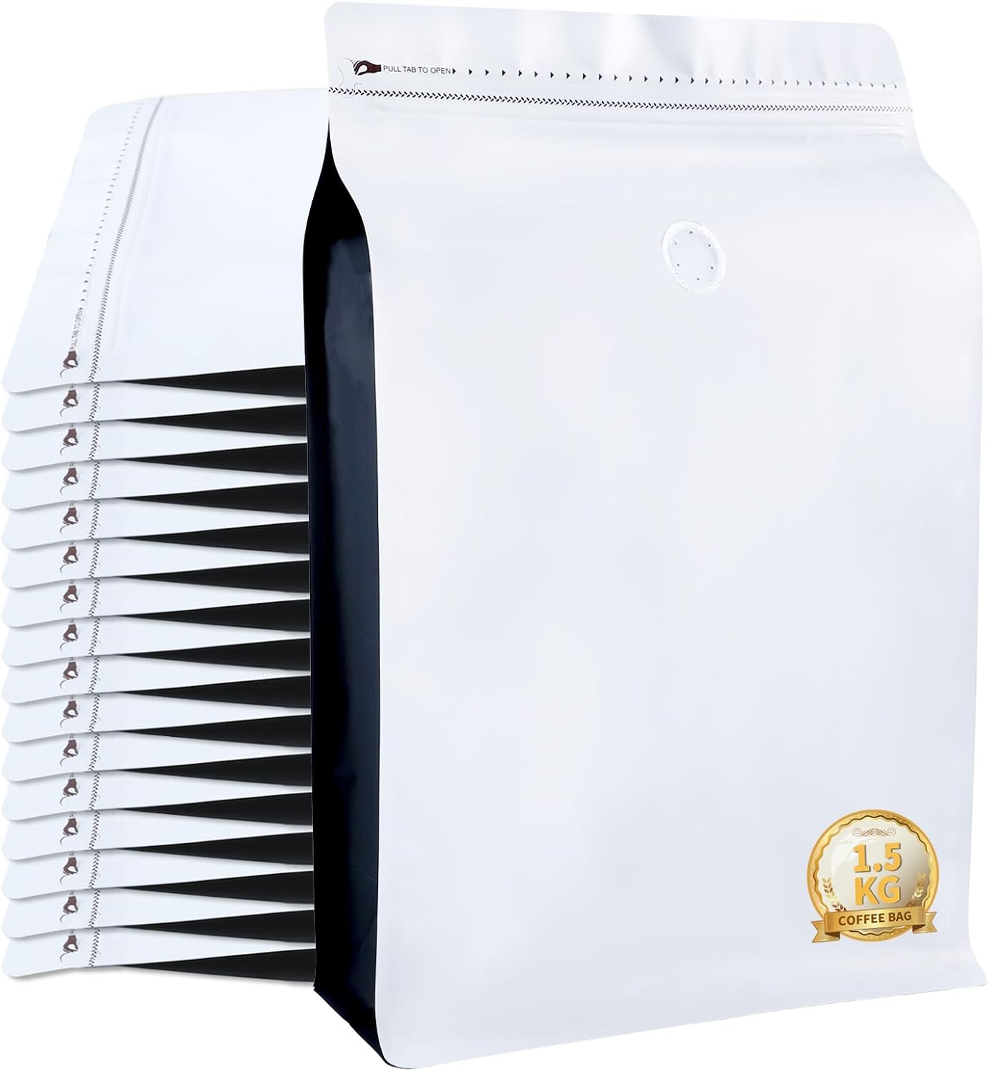 New 1.5 KG Large Capacity Coffee Bags with Valve (50 PCS) White Sides Black High Barrier Aluminum Foil Flat Bottom Standing Coffee Beans Storage Packaging Bags, Reusable Heat Seal Side Zipper Pouches