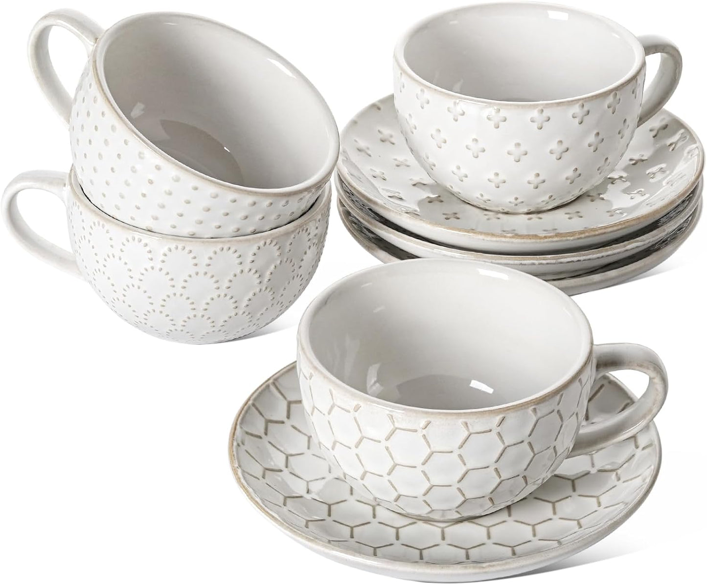 LE TAUCI Cappuccino Cups with Saucers 8 oz, Ceramic Large Coffee Cup for Au Lait, Double shot, Latte, Cafe Mocha, Tea, Dishwasher Safe - Set of 4, Arctic white