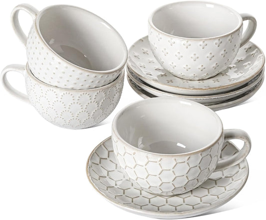LE TAUCI Cappuccino Cups with Saucers 8 oz, Ceramic Large Coffee Cup for Au Lait, Double shot, Latte, Cafe Mocha, Tea, Dishwasher Safe - Set of 4, Arctic white