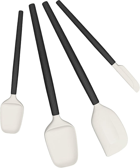 Wooden Handle Silicone Rubber Spatula Set for Kitchen Baking, Cooking, and Mixing High Heat Resistant Non Stick Dishwasher Safe BPA-Free Black+blue Set of 2 (Black Wooden Handle Spatula 4P)