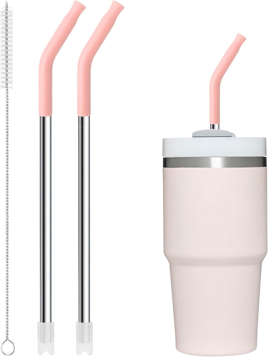 Snowfall 2 Pcs Replacement Metal Straws for Stanley 14 OZ, 20 OZ Tumbler, Stainless Steel Straws with Silicone Tip for 20 OZ Tumbler, Straw Brush (Light Pink)
