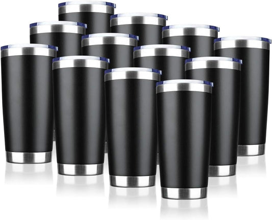 20oz Tumbler Bulk Stainless Steel Vacuum Insulated Tumblers with Lid Double Wall Travel Mug, Durable Powder Coated Coffee Cup, Suitable for Ice Drinks and Hot Beverage (Black 12pack)
