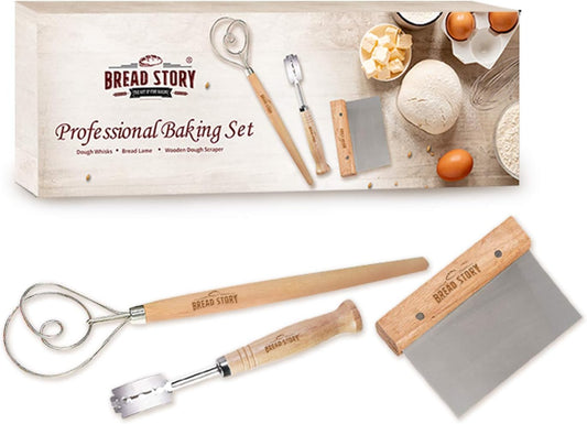 Bread Story Danish Whisk Dough Lame Slashing Tool And Wooden Scraper Tool Used for Pastry Baking Sourdough Starter Kit Set of 3
