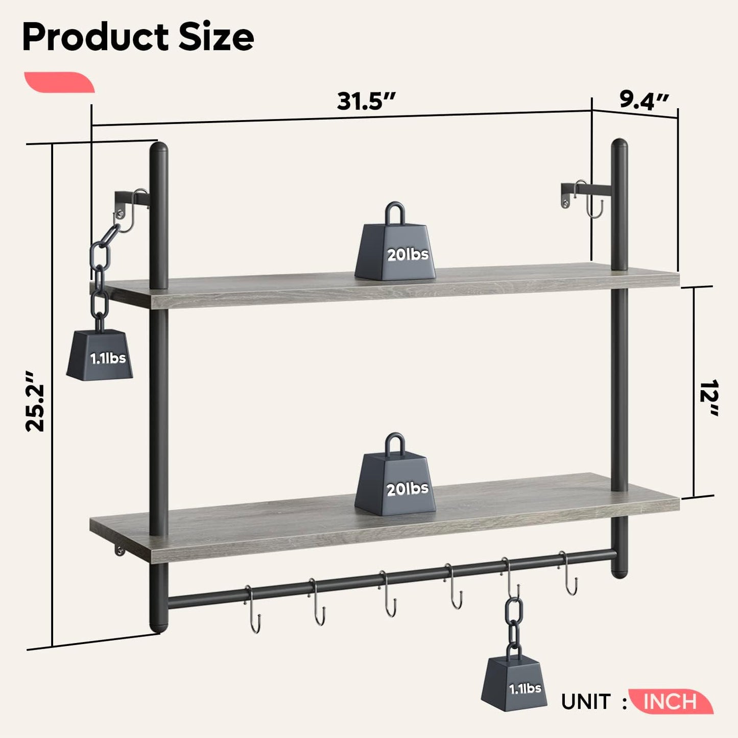 Bestier Pipe Shelf Industrial Floating Shelving 31" Kitchen Wall-Mounted Shelves with 8 Towel Bar Hooks Coffee Bar Shelf Wine Hanging Display Rack Bookshelf Living Room Decor Bathroom-Retro Grey