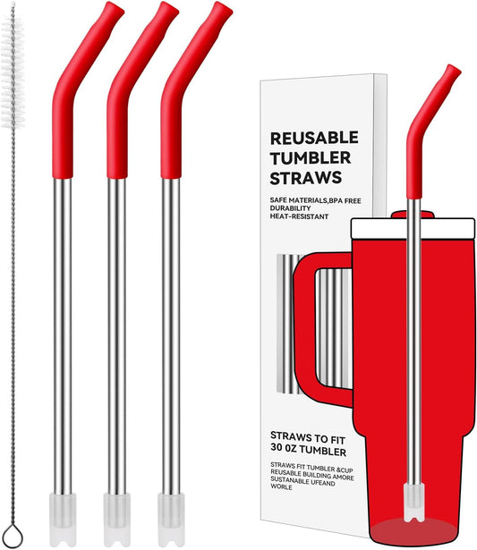 Reusable Metal Straws with Silicone Tip for Stanley 30oz,Stainless Steel Drinking Straws for 30oz Tumbler,3 Straight Tubes & 6 Tips& 1 Cleanr Brush(Chili)