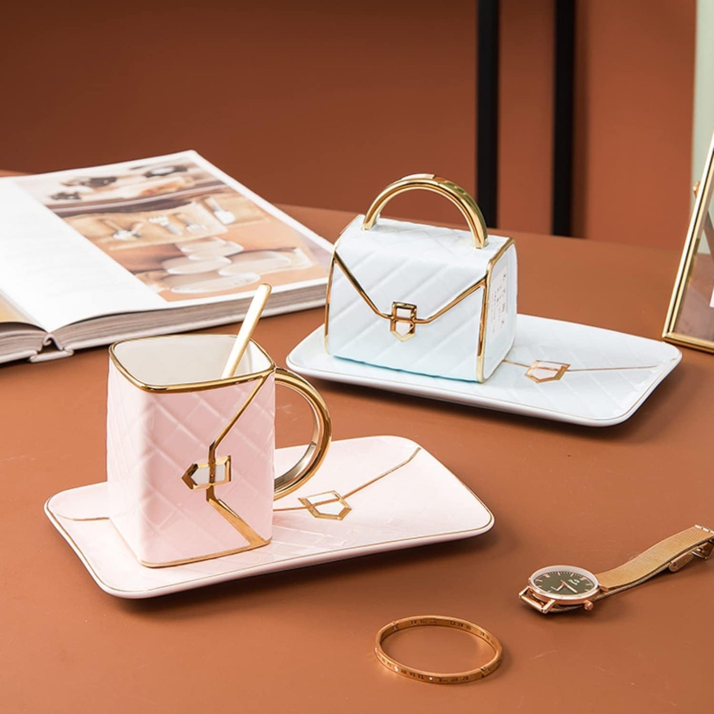 YnsfreeCeramic Purse Coffee Mugs Set Tea Cup Unique Bag shaped mug and Saucer Set with Spoon and Saucer For Women Thanksgiving Christmas Gifts (Pink)