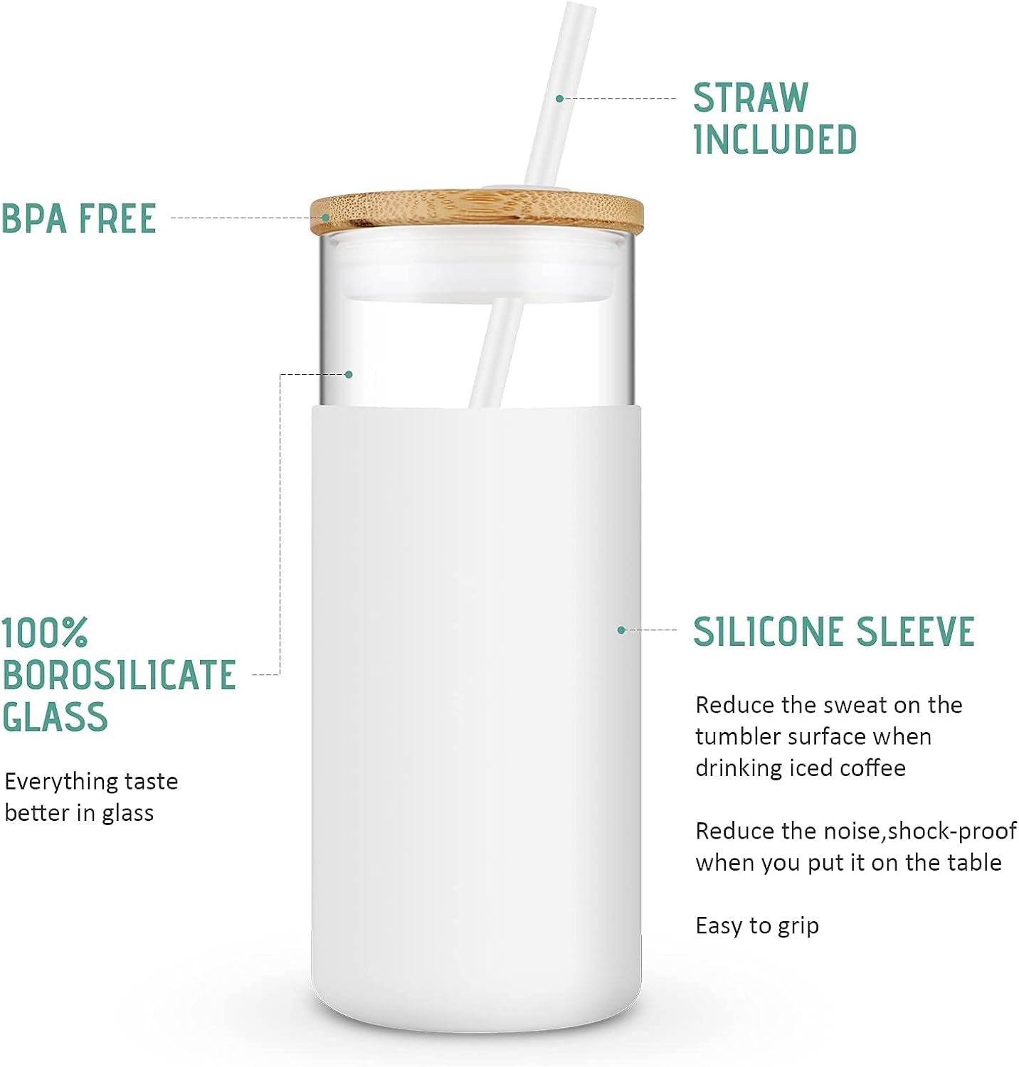 Tronco 20oz Glass Tumbler Glass Water Bottle Straw Silicone Protective Sleeve Bamboo Lid - BPA Free (White Black)