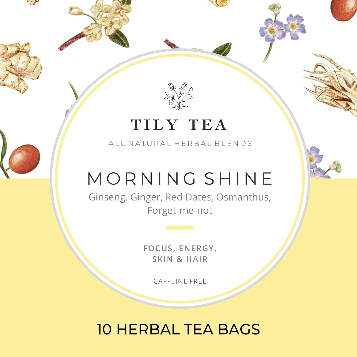 Tily Tea Morning Shine Breakfast Tea - Natural Herbal Tea for Focus and Energy - Ginger and Gingseng - Caffeine Free - 10 Plastic-Free Tea Bags