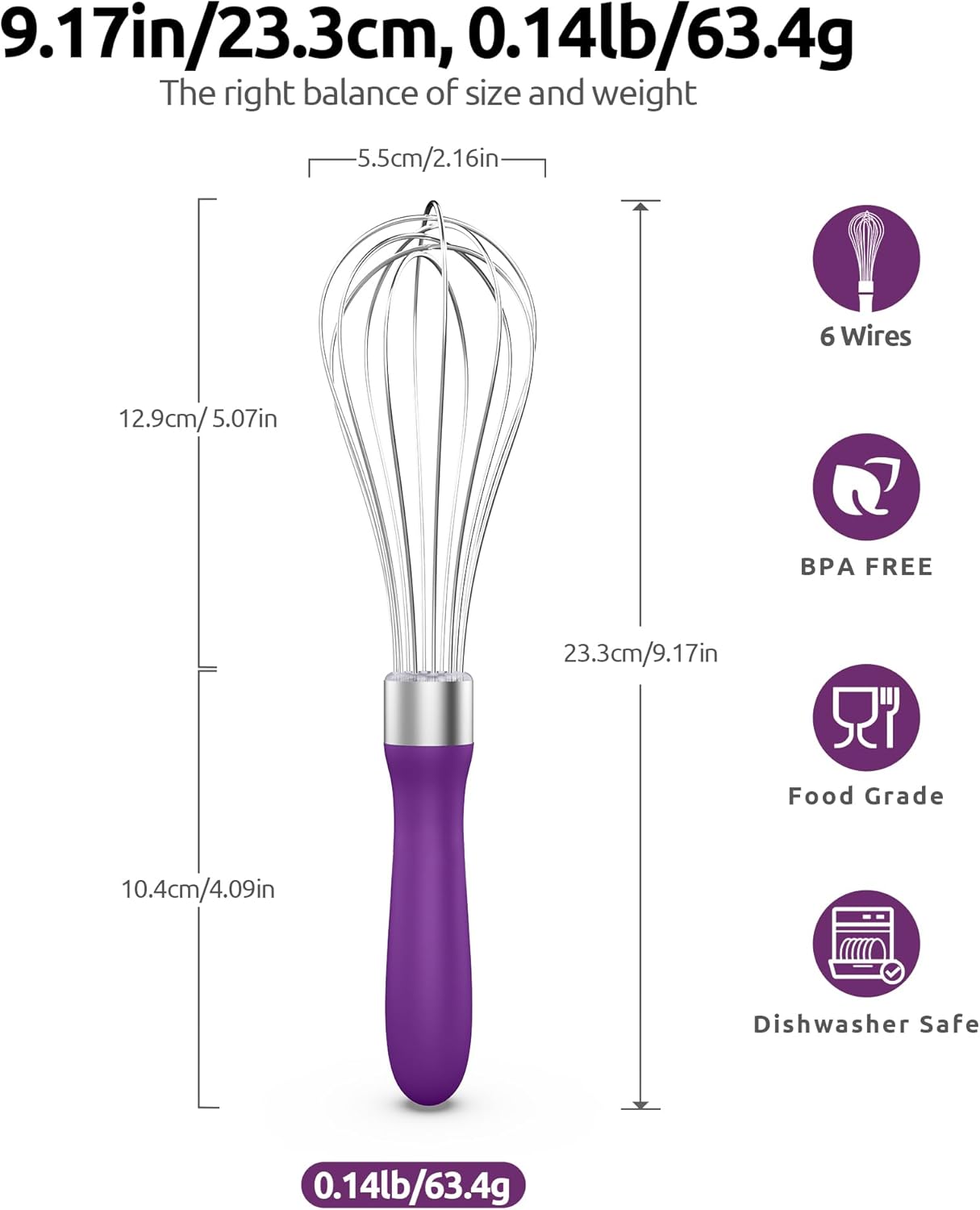 U-Taste 9" Small Egg Whisk: 18/10 Stainless Steel Kitchen Cooking Wire Balloon Wisk, Heavy Duty Metal Beater Stirrer, Manual Baking Tool with 6 Flex Wires for Hand Mixing, Blending Sauce (Purple)
