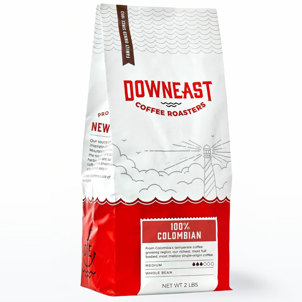 Downeast Coffee Roasters Whole Bean Coffee - 100% Colombian, Medium Roast, 100% Arabica Coffee - Dark Chocolate and Ripe Fruit Notes - Select Central and South American Highlands (2lb Bag)