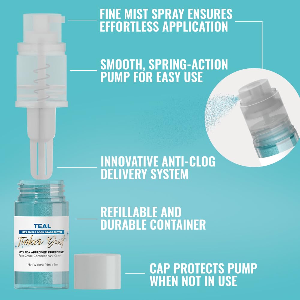 Bakell - Teal Tinker Dust (4g, 1x Mini Spray Pump) Edible Glitter for Food, Desserts, and Beverages!