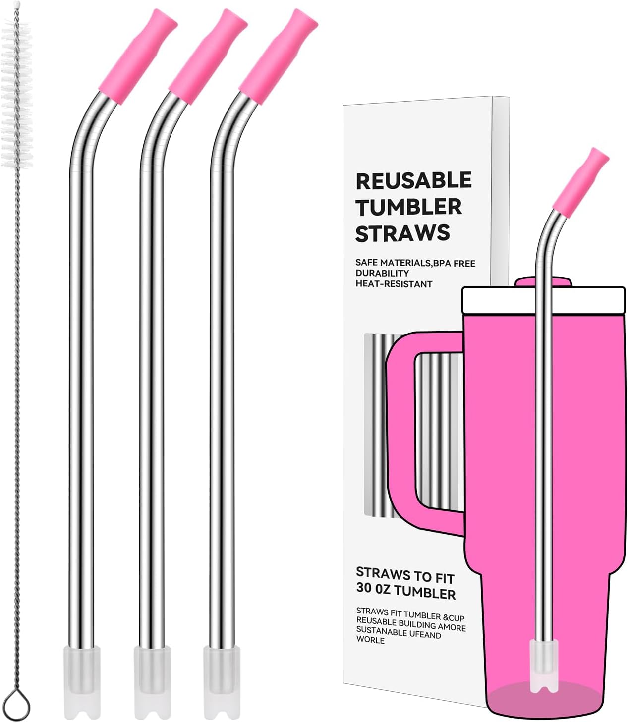 Reusable Stainless Steel Straws with Silicone Tip for Stanley 30oz, Metal Drinking Straws for 30oz Tumbler,3 Bent Tubes & 6 Tips& 1 Cleanr Brush (Vivid Violet)