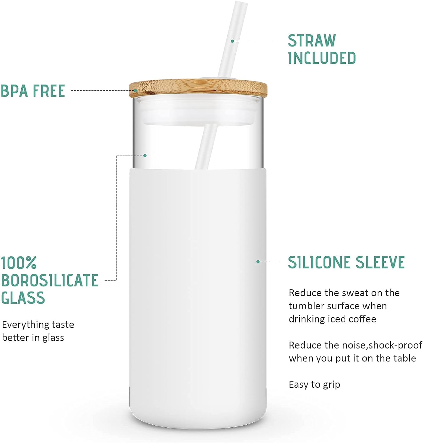 Tronco 20 oz Glass Tumbler Glass Water Bottle Straw Silicone Protective Sleeve Bamboo Lid - BPA Free (Gravel Ash)