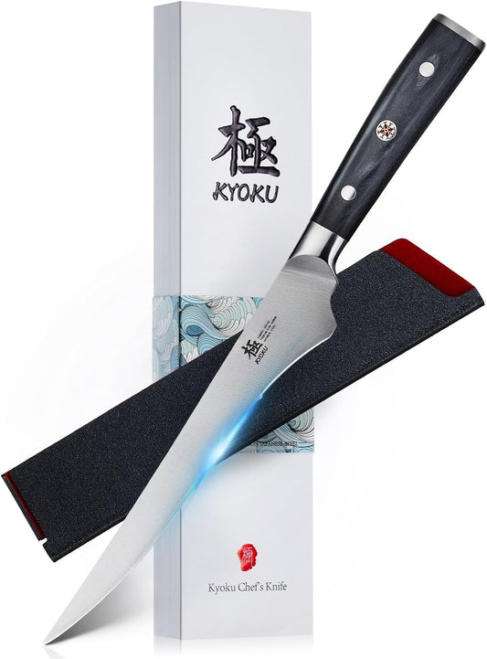 KYOKU 6.5" Boning Knife for Meat Cutting, Samurai Series Filet Knife with Pakkawood Handle, Japanese High Carbon Steel, Full Tang Kitchen Knife for Lamb Chop Pork Shoulder with Sheath and Case