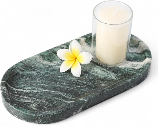 Koville Green Marble Tray for Bathroom Countertop, 10"x5" Natural Marble Vanity Tray Perfume Trays for Dresser, Stone Jewelry Dish Candle Holder for Home Decor, Stone Catchall Trays